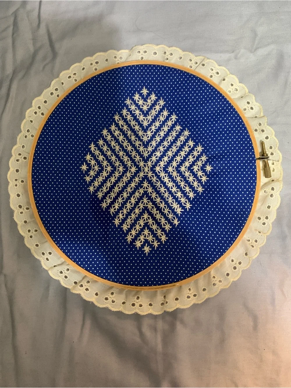 Vintage Handmade Embroidery Hoop Wall Art Blue Cottagecore Lace Folk Decor